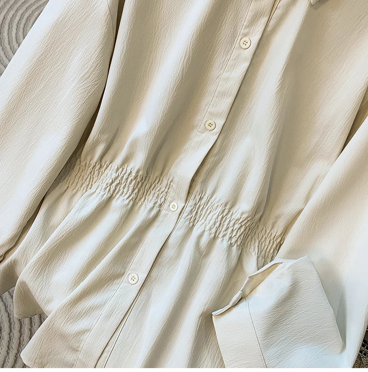 2026 Women's Plus Size Blouse Korean Style Spring Autumn Loose Elegant Casual Mid-length Tops Long Sleeved Waist Cinching Shirts