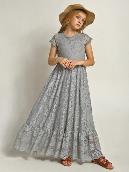 Princess Girls Lace Bohemia Long Dresses Baby Kids Flower Wedding Party Dress Cotton Lining Vestidos Costume Children Clothing