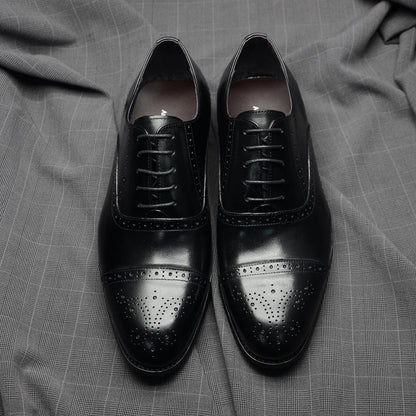 Italian Mens Dress Shoes Genuine Leather Cap Toe Oxfords Lace-up Black Brown Wedding Business Office Brogue Formal Shoes for Men