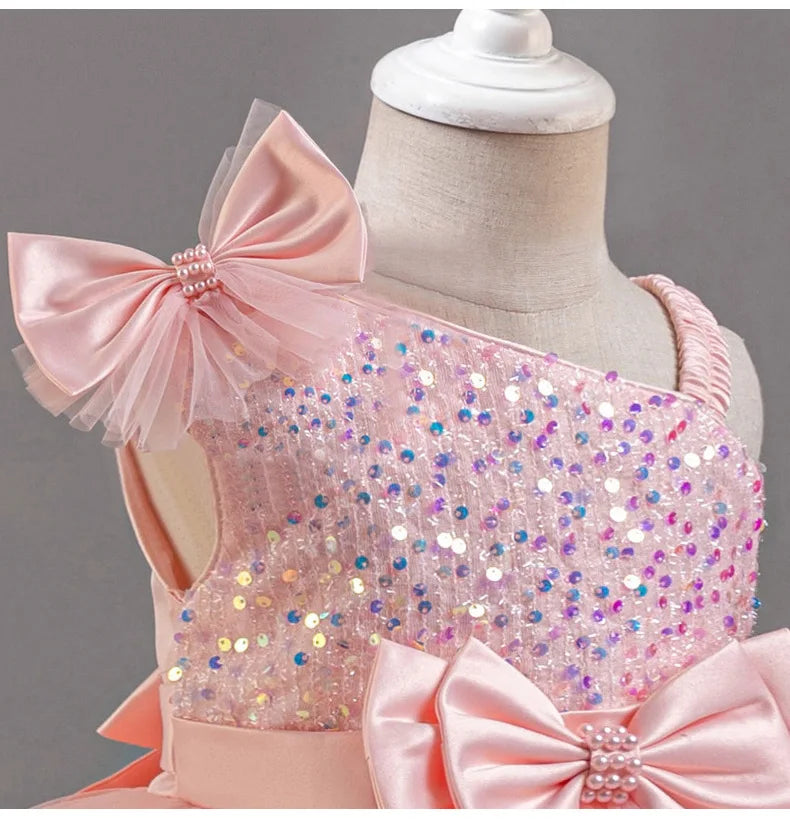 Girl's New Sequined Bow Irregular Collar Mesh Princess Dress Christmas Birthday Party Sweet and Cute Evening Dress