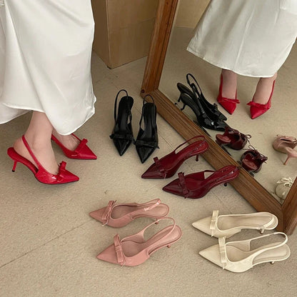 Big Size 43 Butterfly-knot Slingbacks Women Pumps Elegant Pointed Toe Thin Heels Shoes Sexy Banquet Zapatos De Mujer