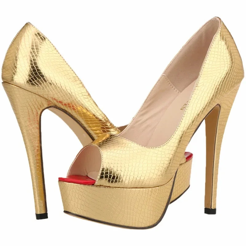 Women Sandals Sexy Pumps Patent Leather Platform Crocodile Pattern 14cm High Heels Peep Toe Stilettos Party Dress Wedding Shoes
