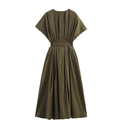 women's casual fashion pleated drop shoulder short sleeve V-neck midi long dress