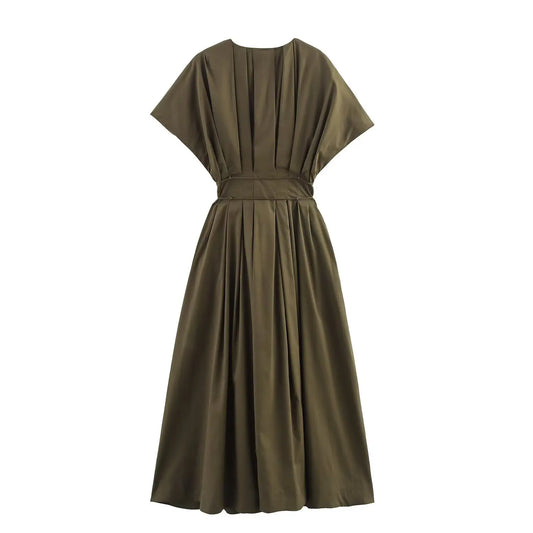 women's casual fashion pleated drop shoulder short sleeve V-neck midi long dress