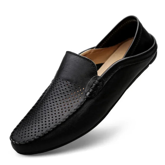 Italian Summer Hollow Shoes Men Casual Luxury Brand Genuine Leather Loafers Men Breathable Boat Shoes Slip On Moccasins