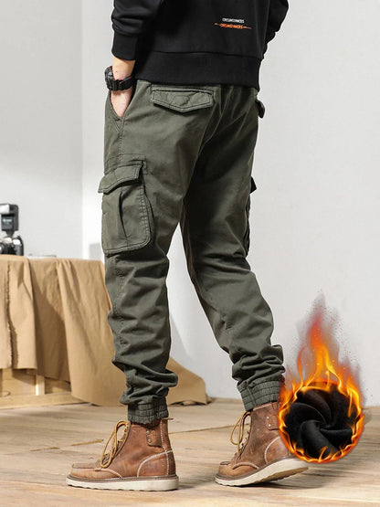 2023 New Multi-Pockets Winter Cargo Pants Men Fleece Liner Thick Warm Slim Fit Joggers Streetwear Casual Cotton Thermal Trousers