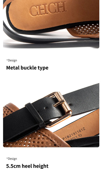Women's shoes Luxury brand summer sandals leather medium high heel hollow breathable temperament girls shoes 35-40 yards