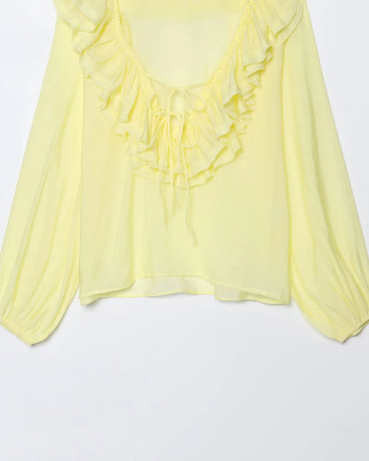 Women Fashion Long Sleeve V Neck Tierred Ruffles Loose Blouse Female Solid Color Casual Shirts Blusas Chic Tops LS6317
