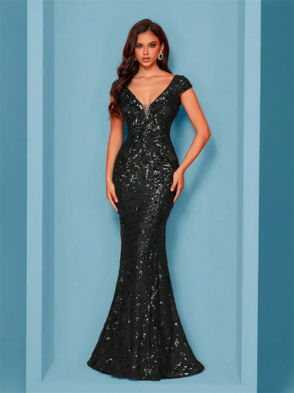 Elegant Champagne Evening Dress For Women Long 2024 Luxury Mermaid Formal Sequins Prom Wedding Party Cocktail Dresses