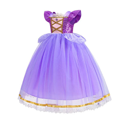 Purple Princess Dress Girl Cosplay Princess Short Sleeves Skirt Birthday Party Vestido Costume + Accessories