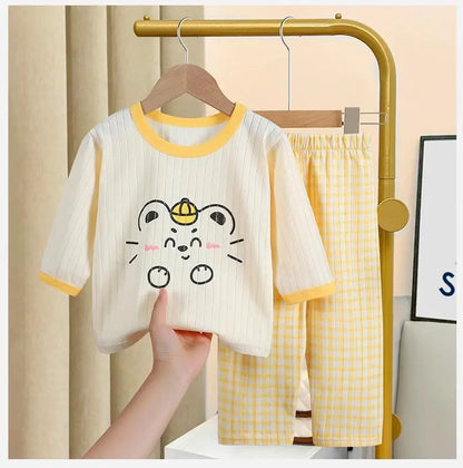 Cartoon Bear Print Tops+Trouser Fashion Home Clothing Boys And Girls Spring Summer 2024 New Sleepwear 2pcs Toddler Thin Suits