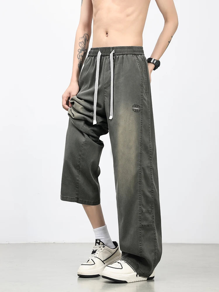 Summer Lyocell Men's Jeans Soft Elastic Washed Casual Pants Loose Lightweight Embroidery Wide Leg Straight Denim Trousers