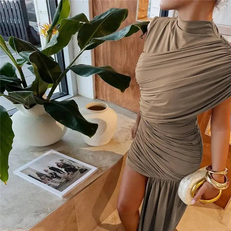 Summer Draped Ruched Sexy Mini Dress Women 2025 New Irregular High Waist Slim Fit Dress Female Elegant Club Tank Dress