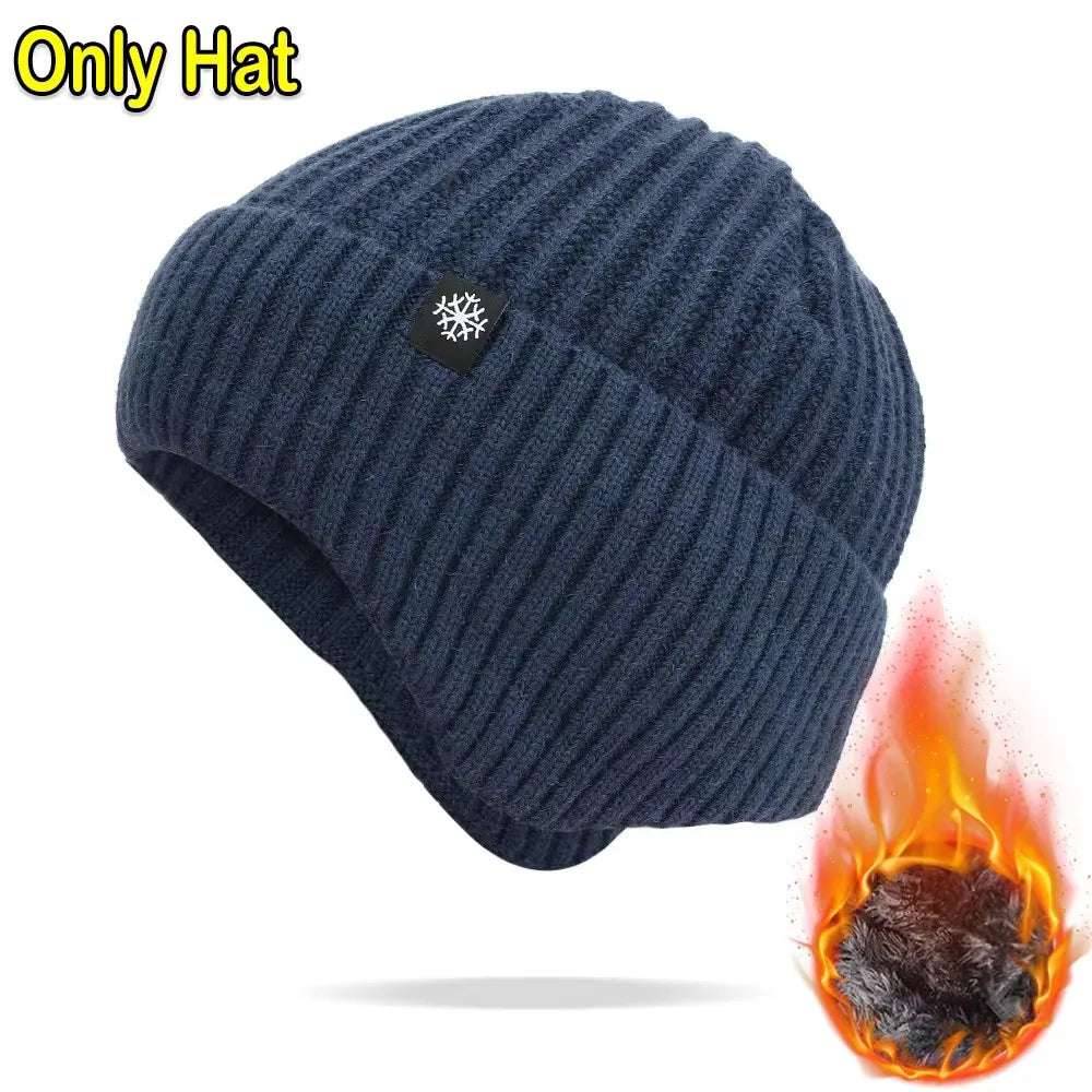 Outdoor Men Winter Knitted Hat Plush Warmth Peaked Cap Earmuff Casual Fashion Faux Fur Lined Bomber Hats Cycling Ear Protection