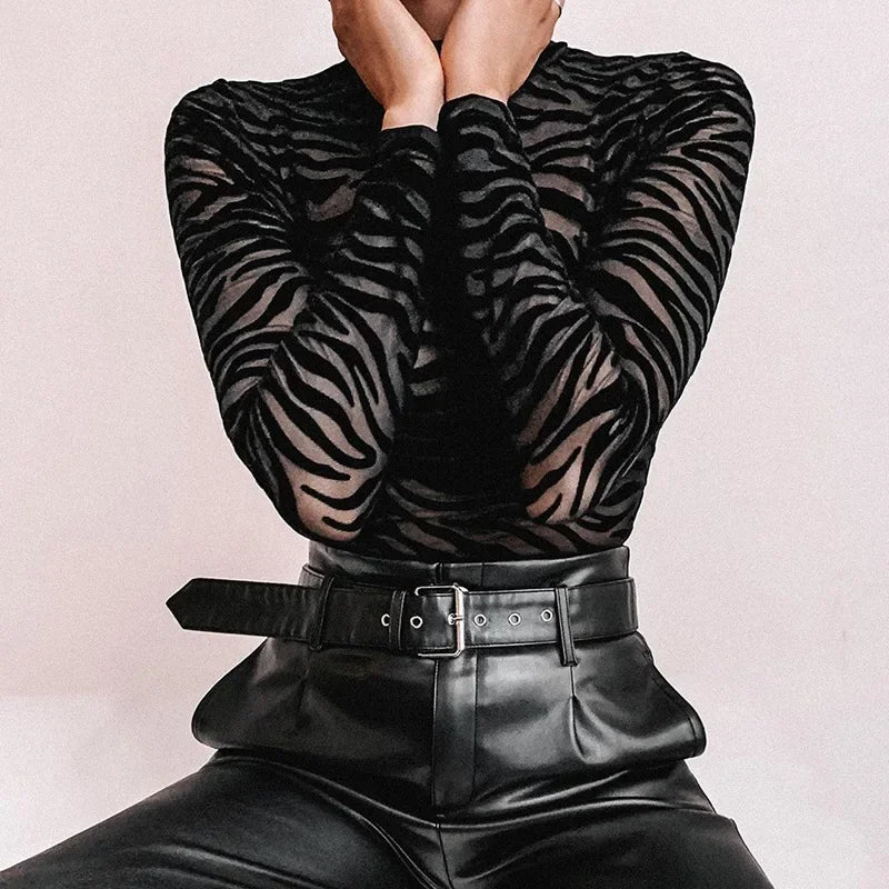 Black Striped Sexy Bodysuit Lingerie See Through Mesh Body Feminino Long Sleeve One-pieces Bustier Turtleneck Corset Tops Women