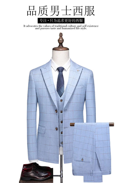 ( Jacket + Vest + Pants ) Fashion Boutique Plaid Mens Casual Business Suit Groom Wedding Dress Formal Slim Plaid Suit