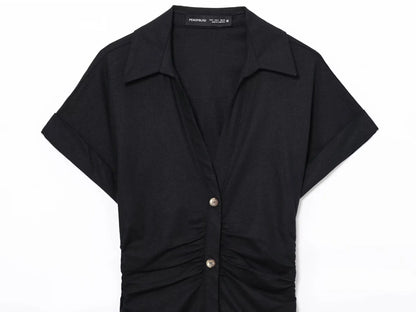 New  Women's elegant holiday style refreshing and comfortable short-sleeved V-neck MIDI dress