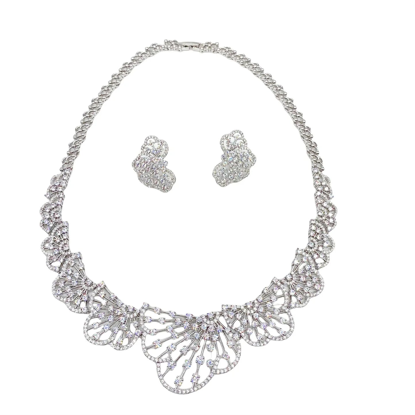 Famous Brand Super Luxury Fan-shaped Design Women Wedding Naija Bridal Cubic Zirconia Necklace Dubai Dress Jewelry Set