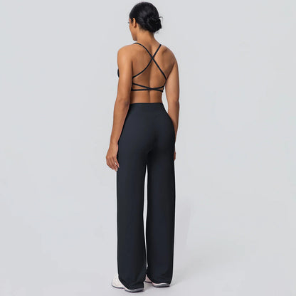 Women Gym Sports Yoga Suit Sexy Beautiful Back Yoga Underwear With Chest Pad Solid Color High Waisted Wide Leg Pants Yoga Set