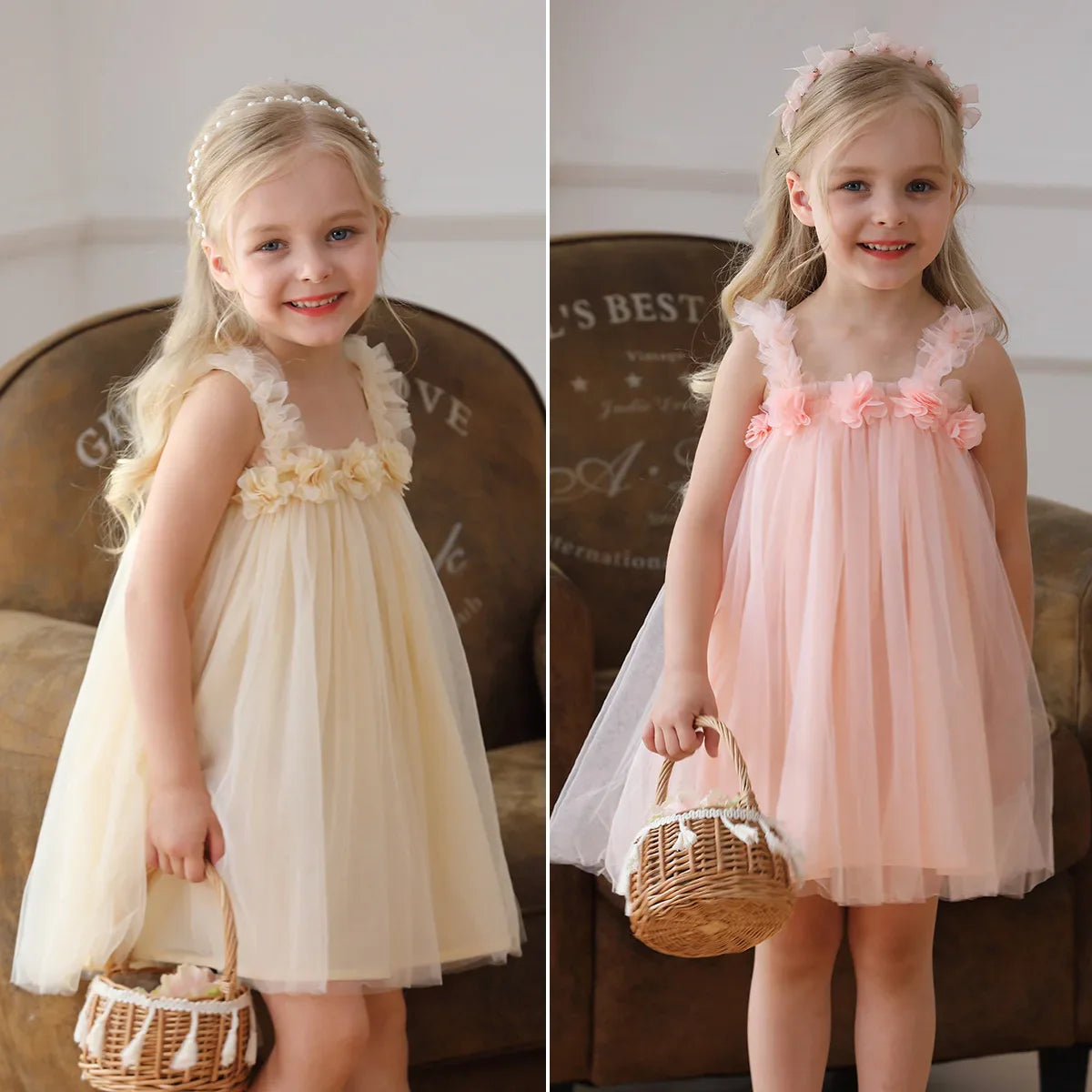1-6 Y Girls Dresses  3D Flower A Line Dress for Girls Sleeveless Camisole Mesh Dress