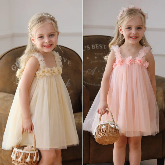 1-6 Y Girls Dresses  3D Flower A Line Dress for Girls Sleeveless Camisole Mesh Dress