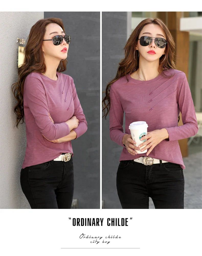 Summer Women Ribbed Cotton Tee-Shirts Female Button Loose Casual Fashion T-shirts 2026 Long Sleeve O-Neck Korea Tops