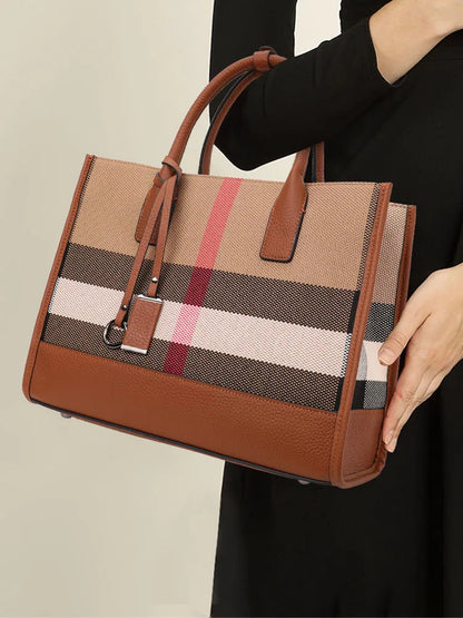 Fashion Plaid Canvas Women's Handbag Classic Versatile Large Capacity Cowhide Single Shoulder Crossbody Bag