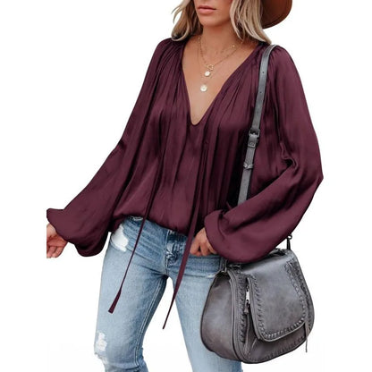 Plus Size Fashion Long Sleeve V Neck Office Casual Shirt Women Elegant Simple Loose Blouse Ladies Pleated Solid Color Top