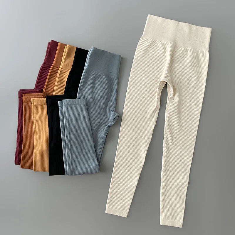 Women Ribbed Yoga Pants High Waisted Gym Leggings Sport ， Fitness Seamless Female Legging Control Running Training Tights