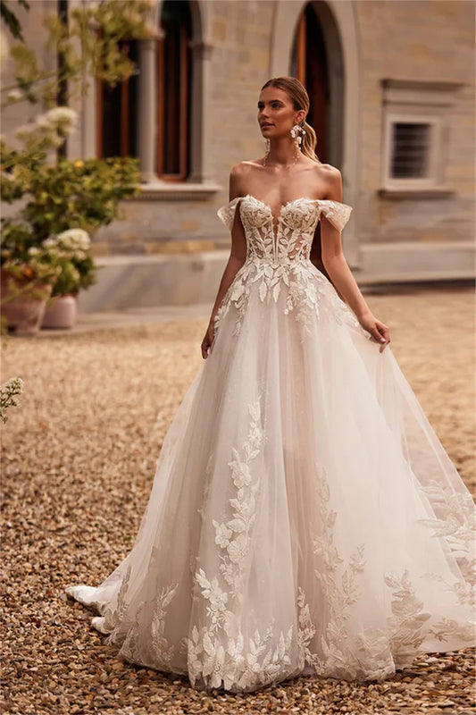 Charming Off The Shoulder 3D Flower Lace Applique A Line Wedding Dresses Custom Made 2025 Rode De Morrie