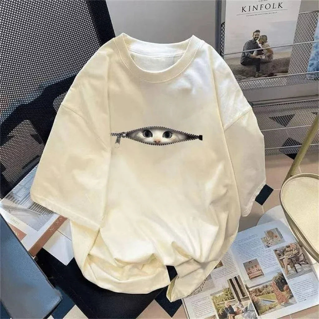 2026 New Street Cartoon Chain Cat Graphic Print Plus Size Men's and Women's Cotton Short Sleeve Loose Crew Neck T-Shirts