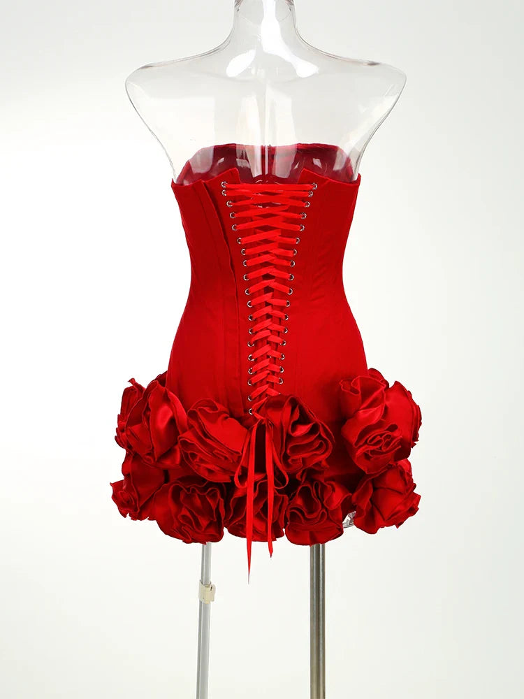 Christmas Dress Strapless Backless Red Structured Floral Embellished Mini Length Bodycon Celebrity Party Cocktail Dress