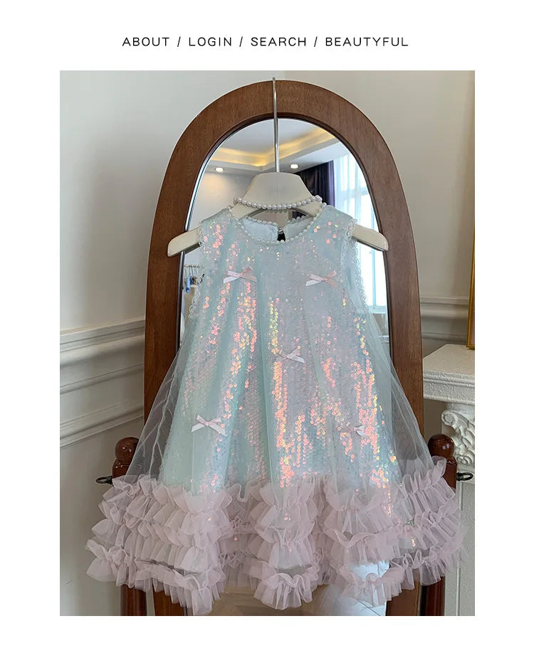 Kids Girls Fairy Princess Dress Sleeveless Bow Sequined Cake Dress Children Puffy Skirt Birthday Party Vest Tulle Dresses
