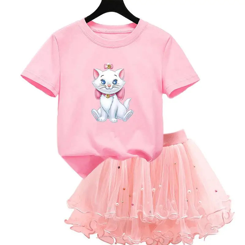 The Aristocats Marie Cat 2Pcs/Set Girl Dress Kid Birthday Clothes Party Princess Dress T-shirt+Tutu Skirt Summer Christmas Gift