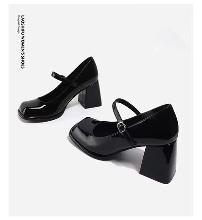 Mary Janes Vintage Black Sandals Woman Buckle Casual Medium Heels Office Ladies Solid Elegant Heels Korean 2024 Summer