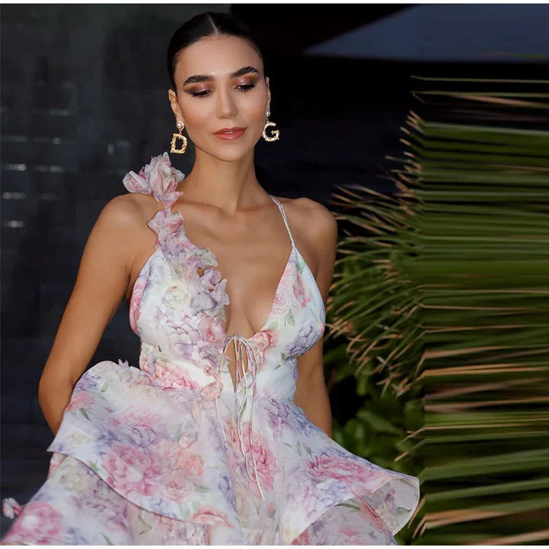 Backless Party Dress Women Elegant 3D Flower Print Sling Lace Up Ruffle A-line Mini Evening Dresses Female 2025 Summer Swimwears