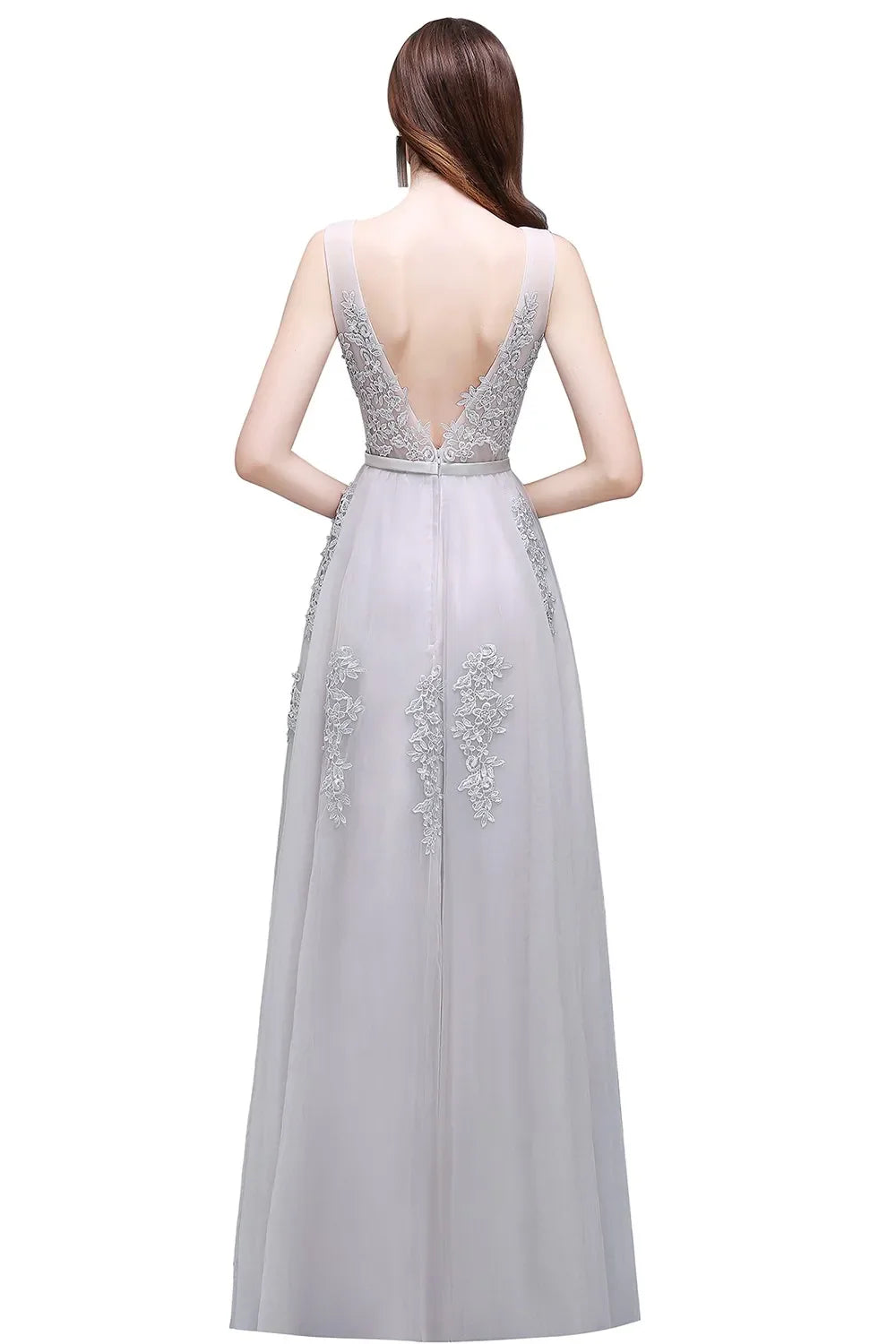 A-line V-neck Tulle Sleeveless Zipper Up Long Prom Applique V Neck Evening Gowns Formal Elegant And Pretty Women's Dresses