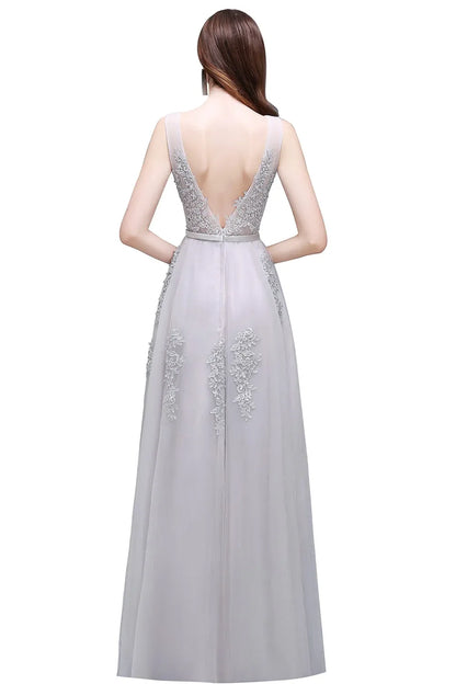 A-line V-neck Tulle Sleeveless Zipper Up Long Prom Applique V Neck Evening Gowns Formal Elegant And Pretty Women's Dresses