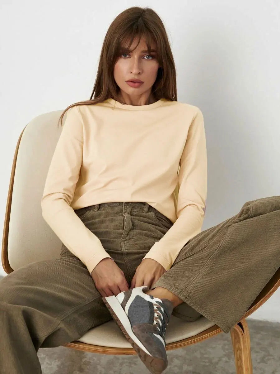 Women's Spring Autumn 100% Cotton T-shirt Bottoming Basic Solid Lady Long Sleeve Loose Tops Shirts Oversized T Shirt