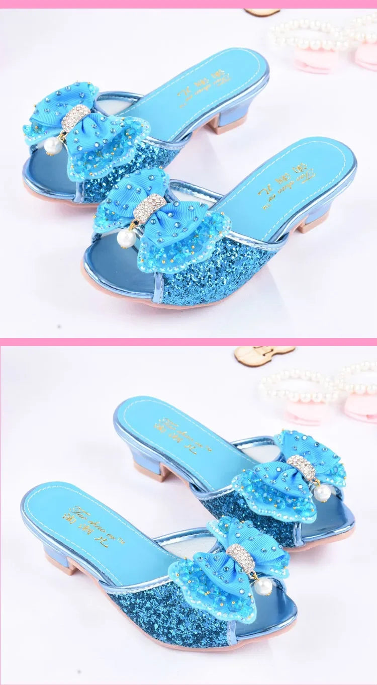 Girls Summer Sandals Slipper Sequined Princesse Children High Heel Party Dress Shoes Leather Slipper For Kids Slides