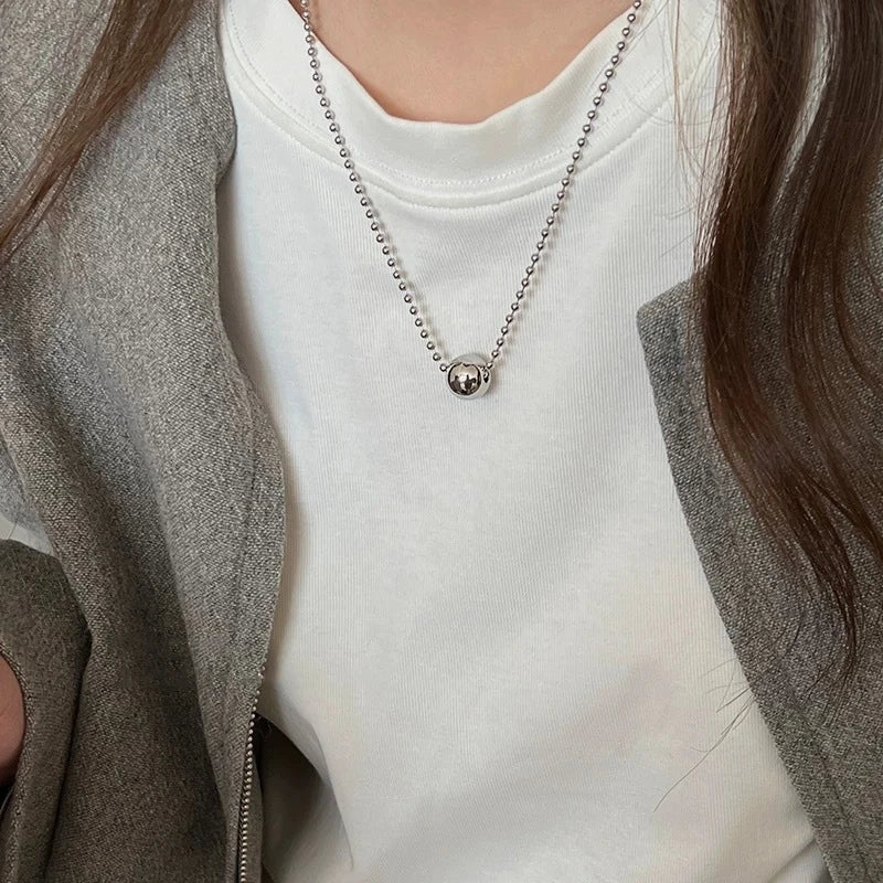Personality Stainless Steel Beaded Ball Pendant Necklace for Women Silver Color Double Layer Hip Hop Rock Chokers Jewelry