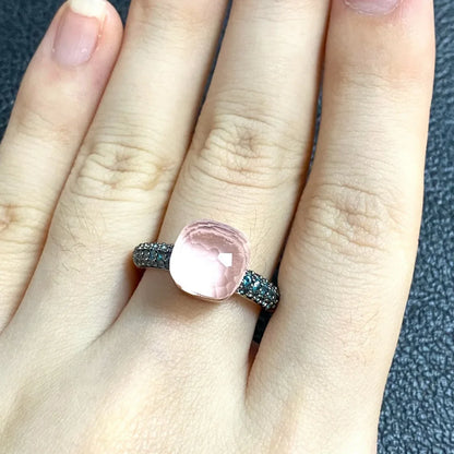 10.6mm Elegant Blue Topaz Zircon Ring Dual Tone Black Gun & Rose Gold 30 Colors Candy Crystal Jewelry Gift for Women