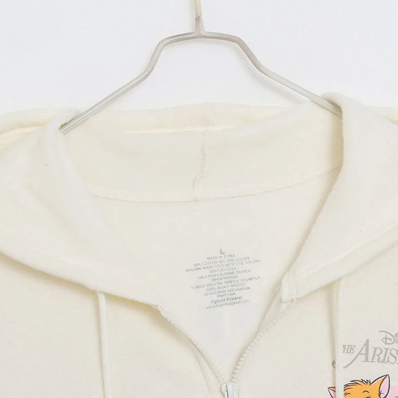Cute Marie Cat Fleece Hooded Sweatshirt Winnie the Pooh Embroidery Zip Up Hoodies Jacket Women Casual Cartoon Jumper Top