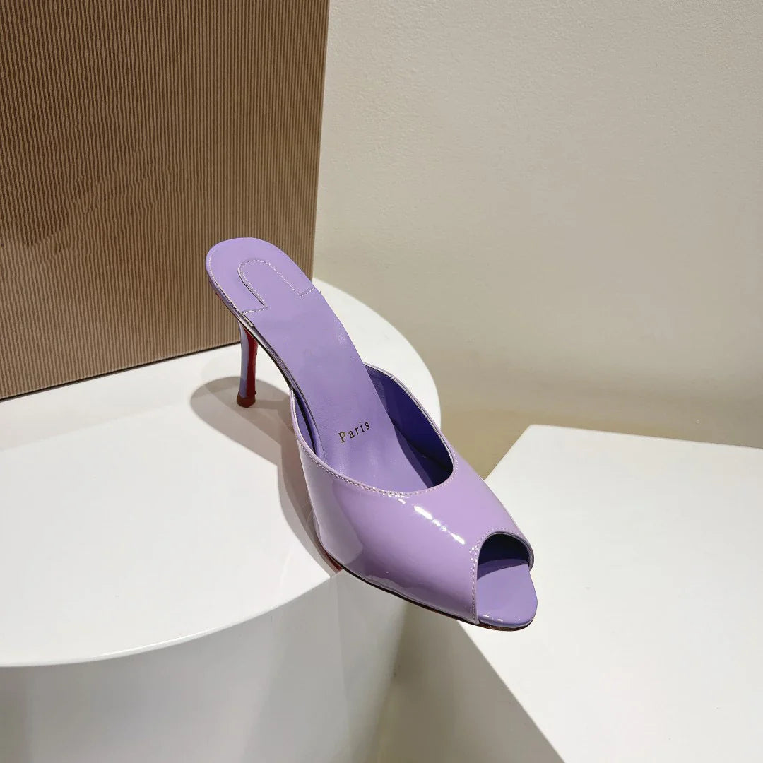 New patent leather nude high heels stiletto round head open-toed fish mouth shoes sexy outer slippers women's muller shoes