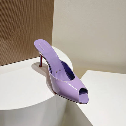 New patent leather nude high heels stiletto round head open-toed fish mouth shoes sexy outer slippers women's muller shoes