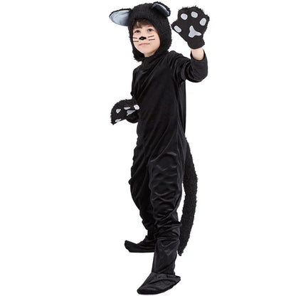 Black Cat Cosplay Children's Costume Cute Kitten Animal Onesie + Gloves + Hat Suit Suitable for Stage Show Halloween Party