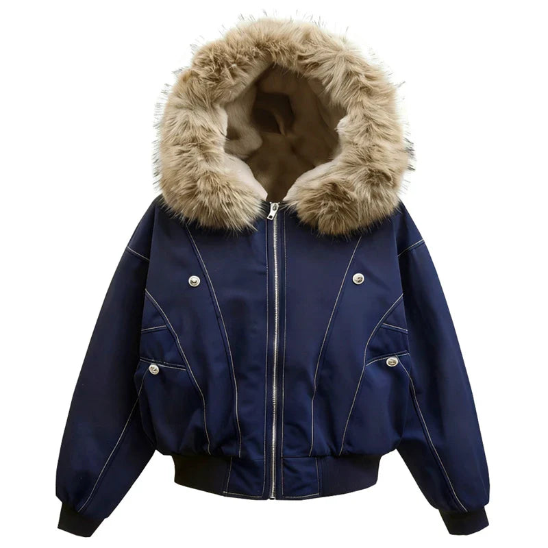Casaco de Inverno Masculino Hip-hop Novo Casaco Parka Casual Grosso Quente Feminino Streetwear Gola de Vison Falso Solto com Capuz Casaco Curto para Casal