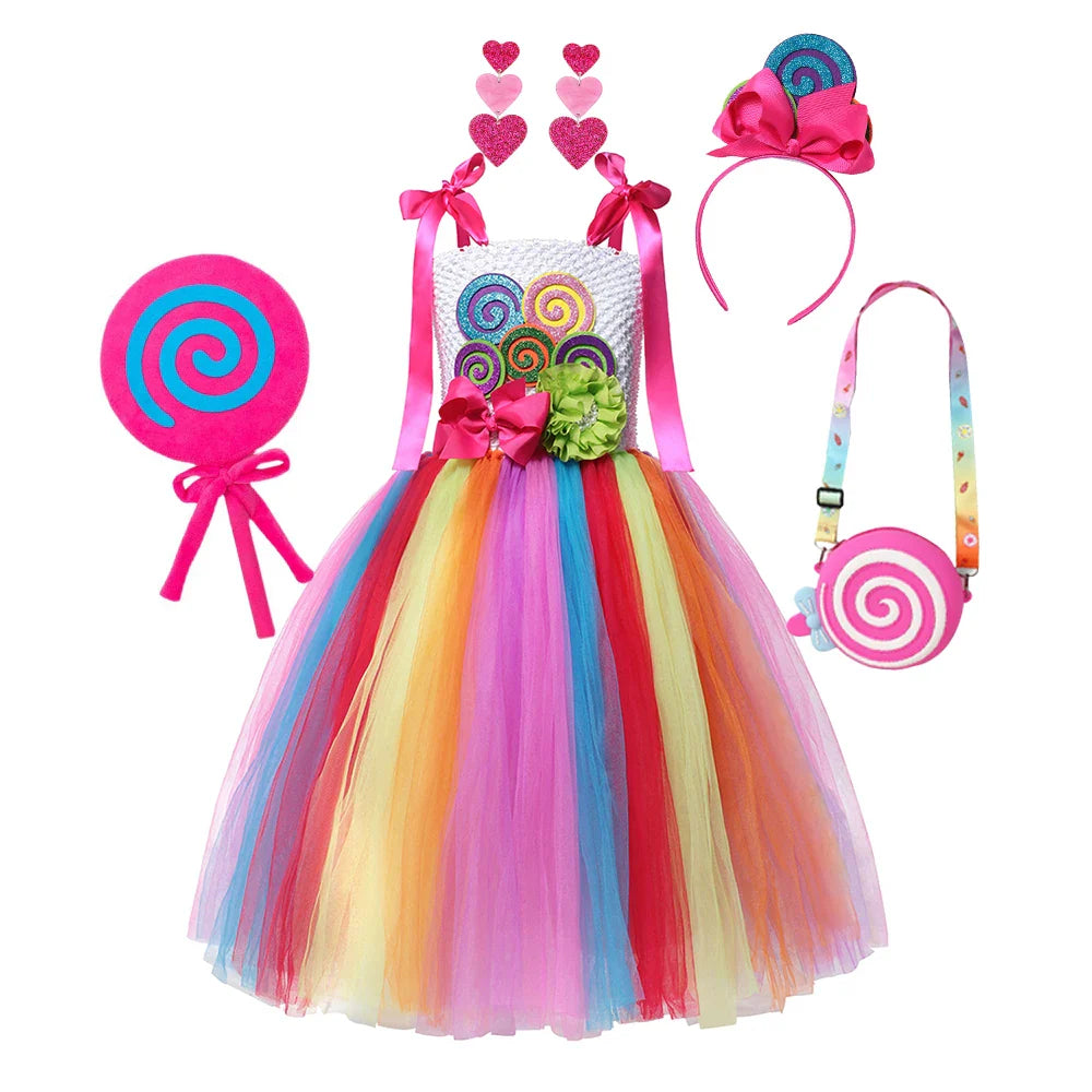 Rainbow Lollipop Girls Dress Sweet Purim Festival Celebrate Costume Fancy Carnival Children Vestidos Princess Cosplay Outfits