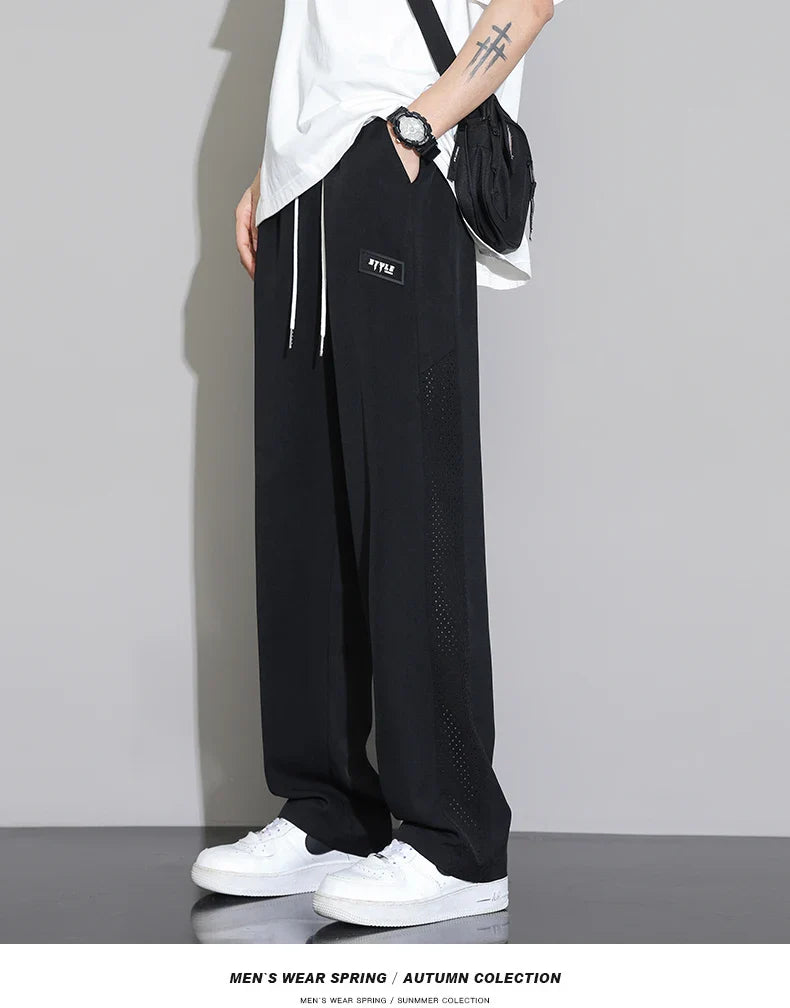 Men's Ice Silk Pants Summer Thin Style Drape Effect Loose Straight Casual Long Pants Trendy Brand Wide‑Leg Sports Pants for Boys