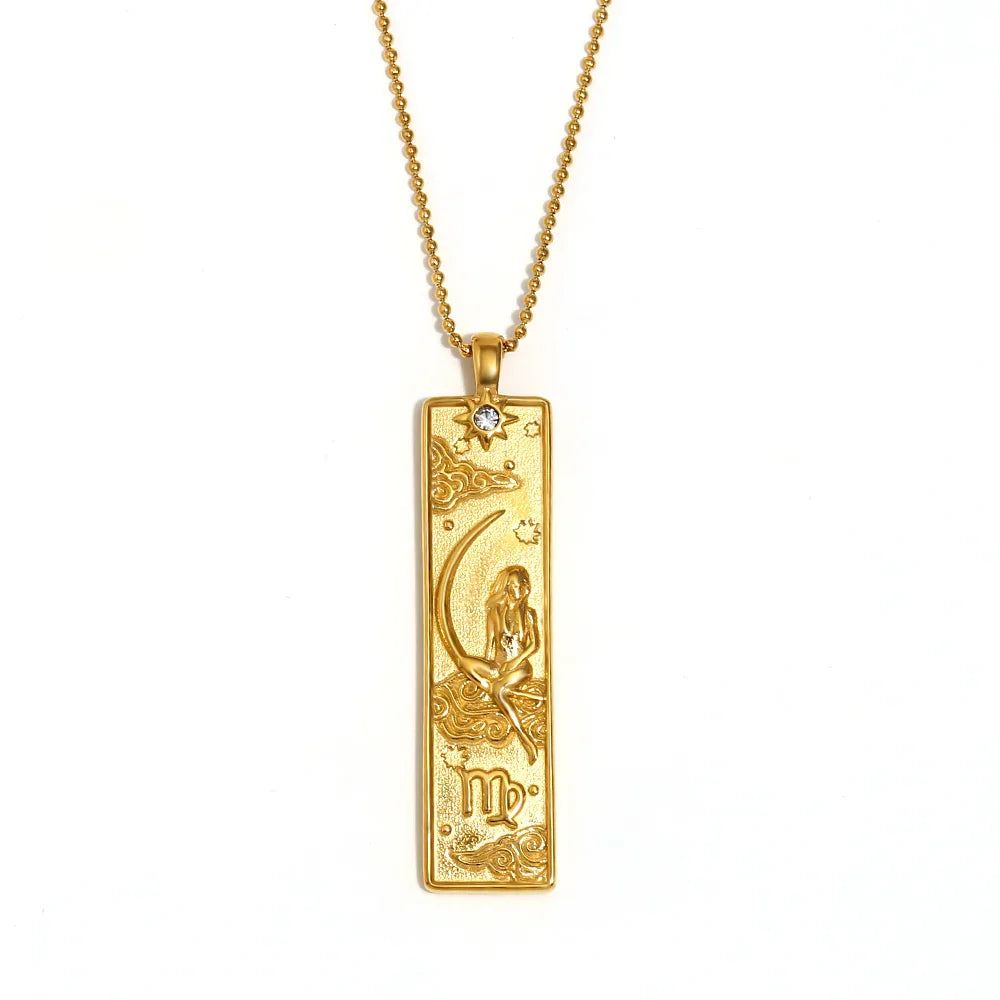 18k Gold Plated Rectangle Shape 12 Constellation Pendant Necklace Stainless Steel Waterproof Fashion Women's Jewelry